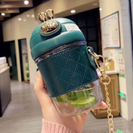 380ml 580ml cute rabbit ear Plastic water bottle Cup ins girl kids portable plastic bottle with straw pearls metal chain strap