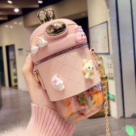 380ml 580ml cute rabbit ear Plastic water bottle Cup ins girl kids portable plastic bottle with straw pearls metal chain strap