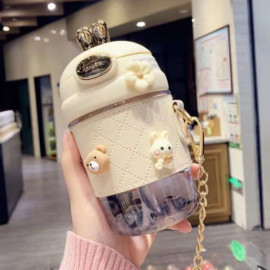 380ml 580ml cute rabbit ear Plastic water bottle Cup ins girl kids portable plastic bottle with straw pearls